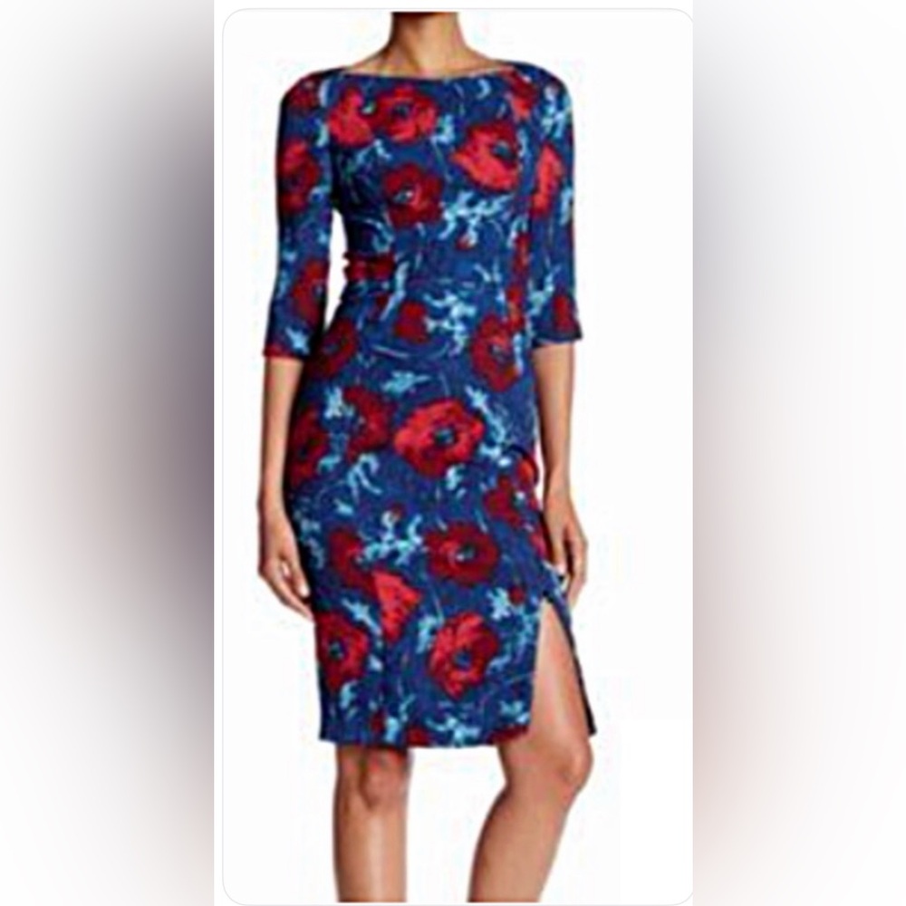 Black Halo Marissa Sheath Dress Size 8, Blue and Red Floral Print